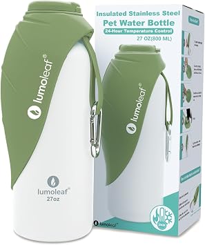 LumoLeaf Insulated Dog Water Bottle 27 oz Stainless Steel - Keep Water Cool or Warm, Portable Pet Water Bowl for Travel, Wide Mouth for Easy Ice Filling & Cleaning Green, 27 oz