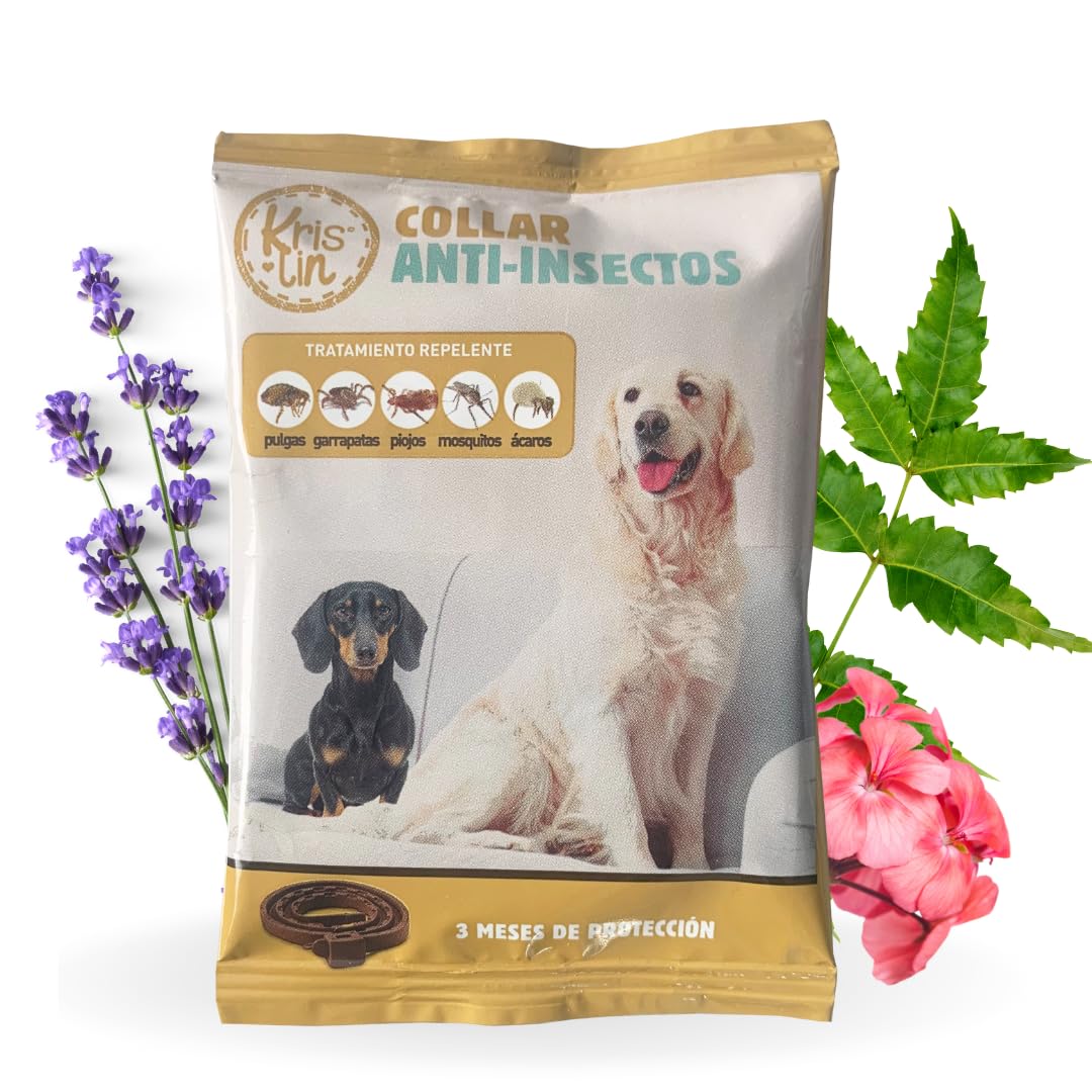 KRISLIN Collar antiparasitario para Perros con Margosa, geraniol y lavandino | Protección contra garrapatas, pulgas, Mosquitos y flebótomos | Cítrico | Marrón | 57 cm