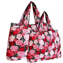 allydrew Large & Small Foldable Tote Nylon Reusable Grocery Bags, Set of 2, Pink Roses