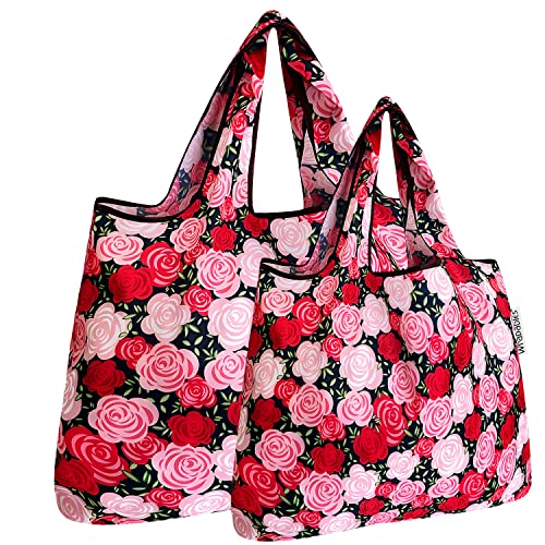 allydrew Large & Small Foldable Tote Nylon Reusable Grocery Bags, Set of 2, Pink Roses