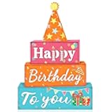 4 Pcs Birthday Table Decor Happy Birthday Wooden Sign Blocks Farmhouse Colorful Tiered Tray Decor Rustic Tabletop Centerpieces for Home Office Desk Shelf Mantel Party Decoration Supplies
