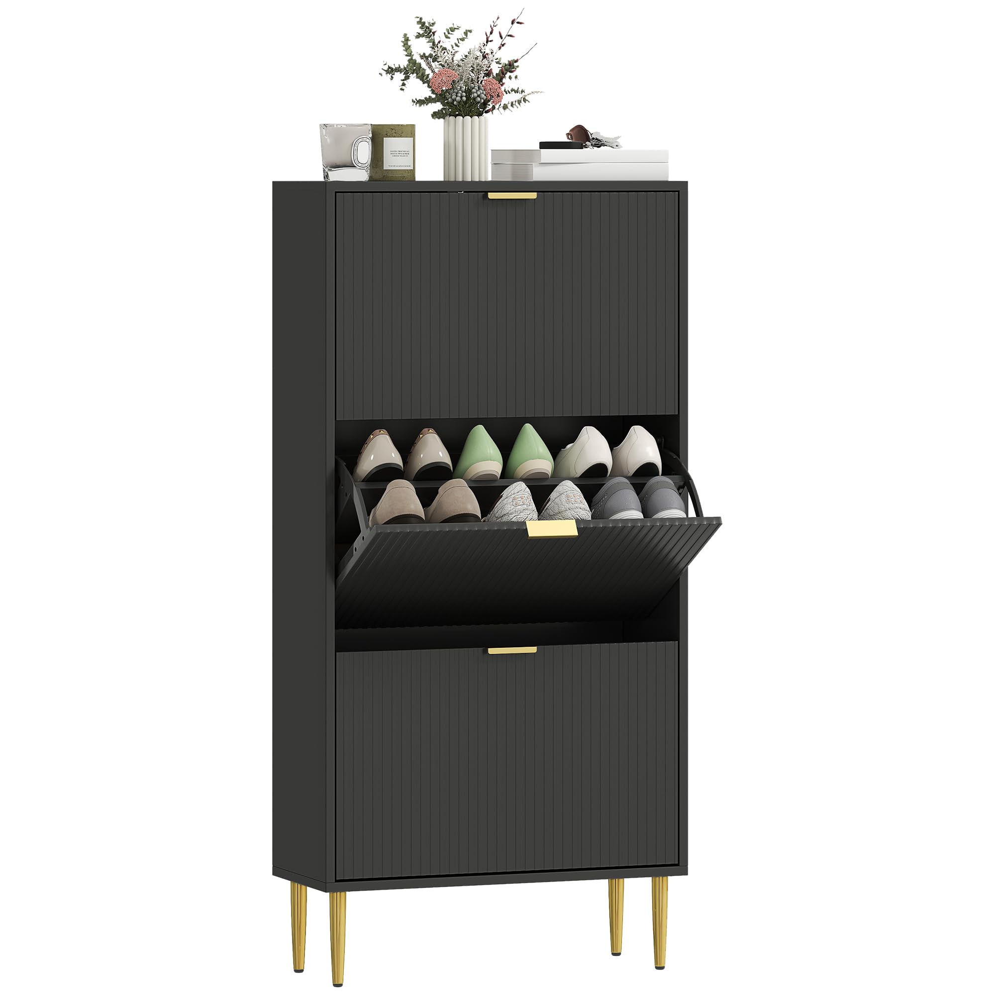 Homcom Black Slim Shoe Storage Cabinet With 2 Flip Drawers For Hallway, - 60W X 24D X 122.5H Cm - Painted