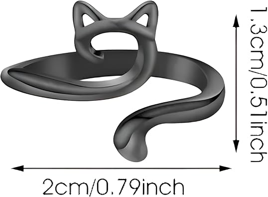 Adjustable Cat Ring, Black or Silver Options - 0.79 inch Width, Lovely Cats Animals Open Ring Jewelry for Women, Gift for Cat Lovers