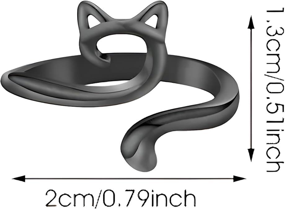 Adjustable Cat Ring, Black or Silver Options - 0.79 inch Width, Lovely Cats Animals Open Ring Jewelry for Women, Gift for Cat Lovers