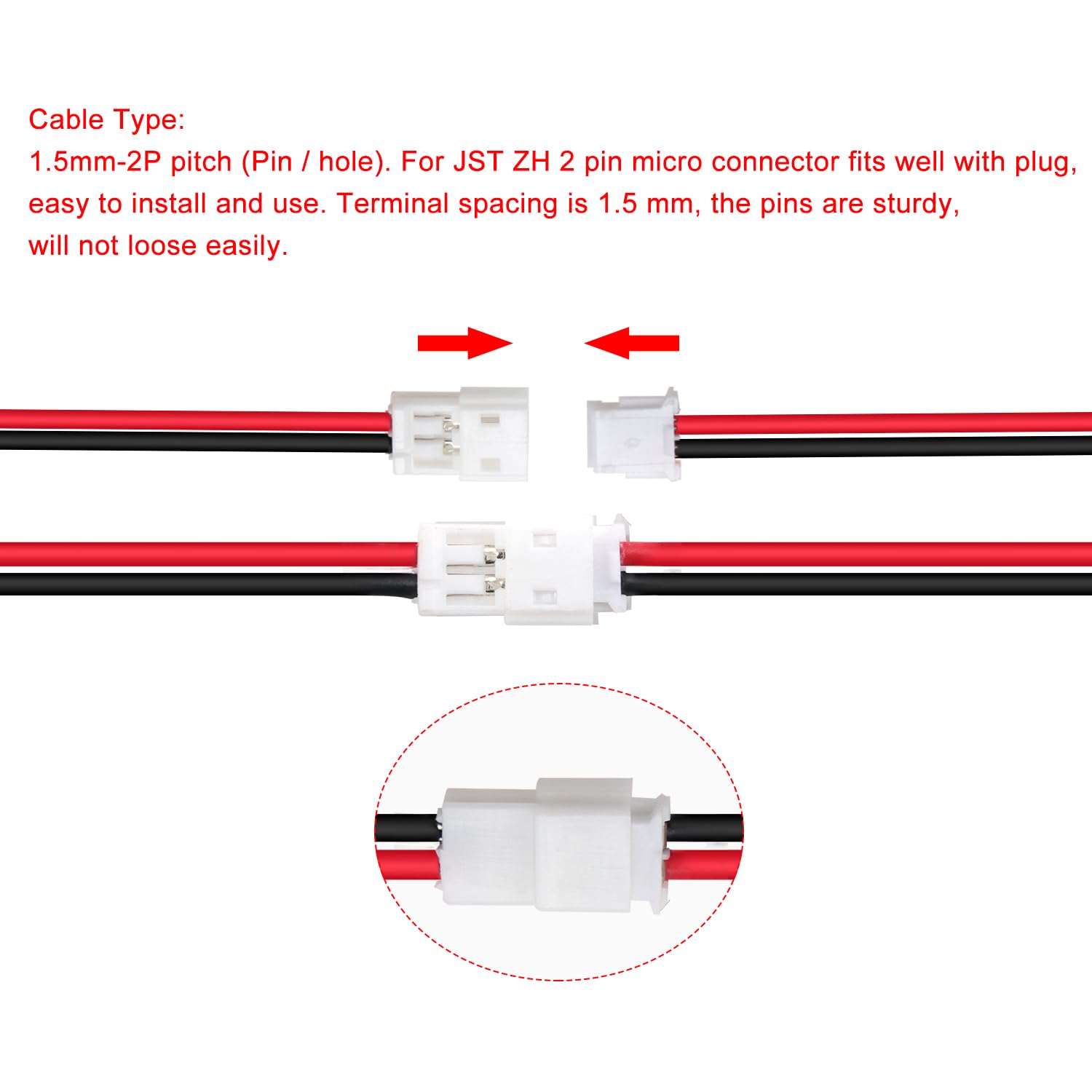 30 Paar JST 1.5 ZH 2 Pin Steckverbinder, Mini Micro JST ZH 2-Polige Buchse und Stecker mit 150mm 26AWG Kabeldraht (Rot Schwarz) - 5