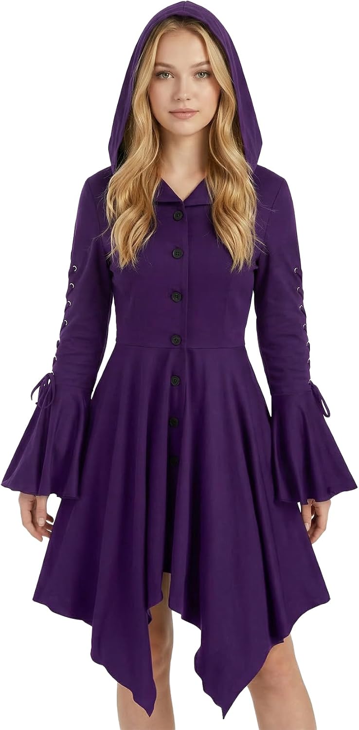 FEOYA Medieval Cloak Hooded Dress for Women Renaissance Gothic High Low Dress Vintage Long Sleeve Steampunk Hoodie Dresses