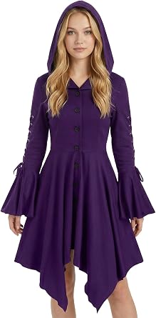 FEOYA Medieval Cloak Hooded Dress for Women Renaissance Gothic High Low Dress Vintage Long Sleeve Steampunk Hoodie Dresses