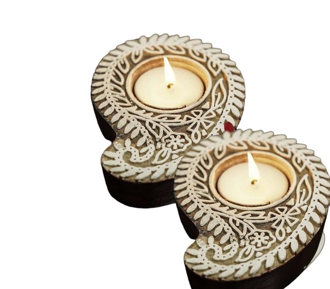 GLOBAL ART STORE- Wooden 2 pcs of Diyas Block Print Tea Light Candle Holders for Diwali Leaf Shape Handmade Tlight for Deepawali Decoration Items