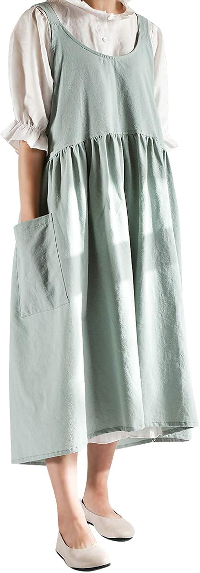 Upxiang Women Retro Literature Art Cotton Linen Cross Back Apron Flower Shop Clothing Cafe Kitchen Cooking Casual Apron