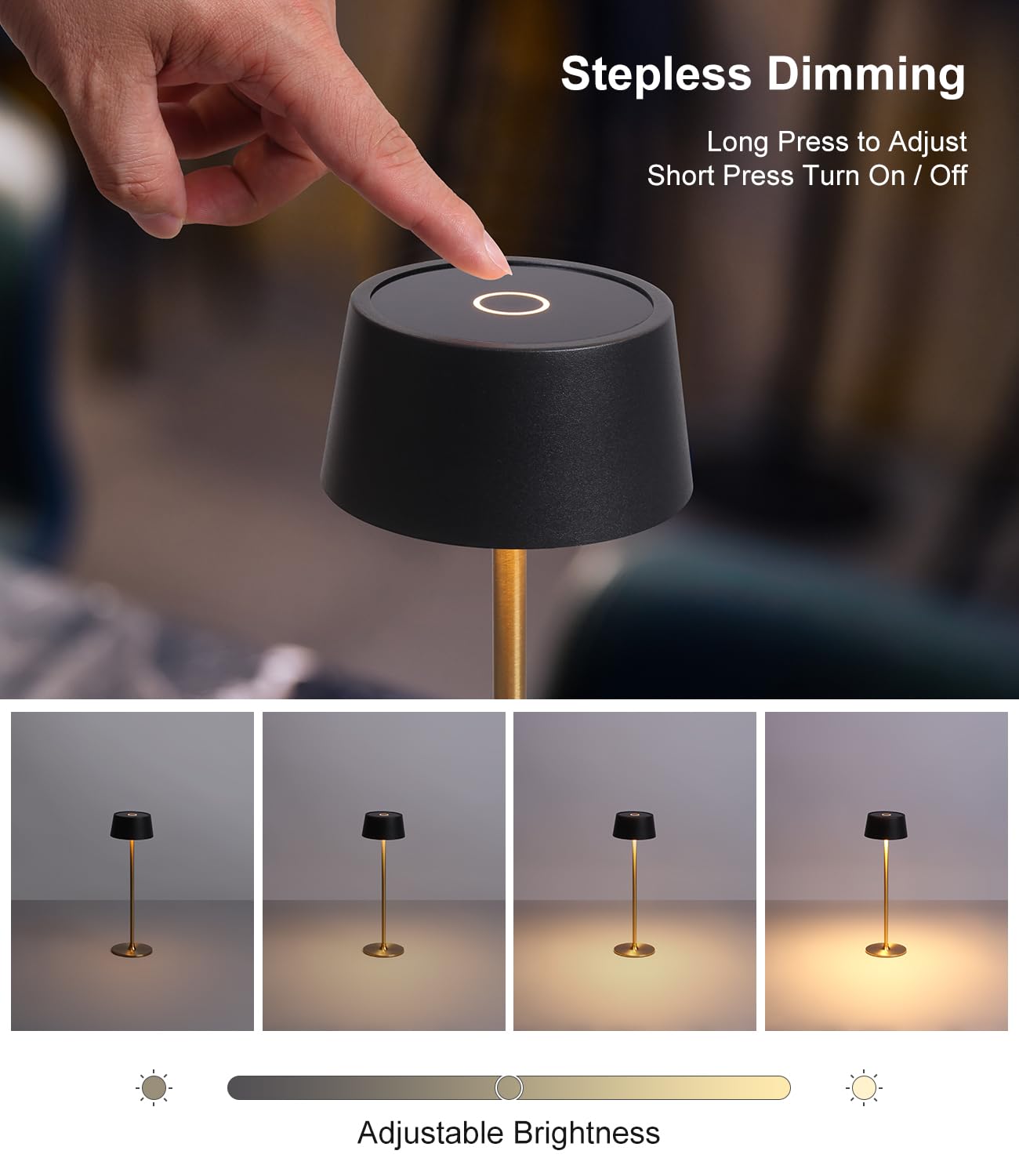 DAWALIGHT Lampada da Tavolo Senza Fili LED 4000mAh Incorporati Luce Dimmerabile Comodino Ricaricabile 2700K con Tocca Controllo per Sala da Pranzo Camera da Letto Ristoranti, Nero + Oro