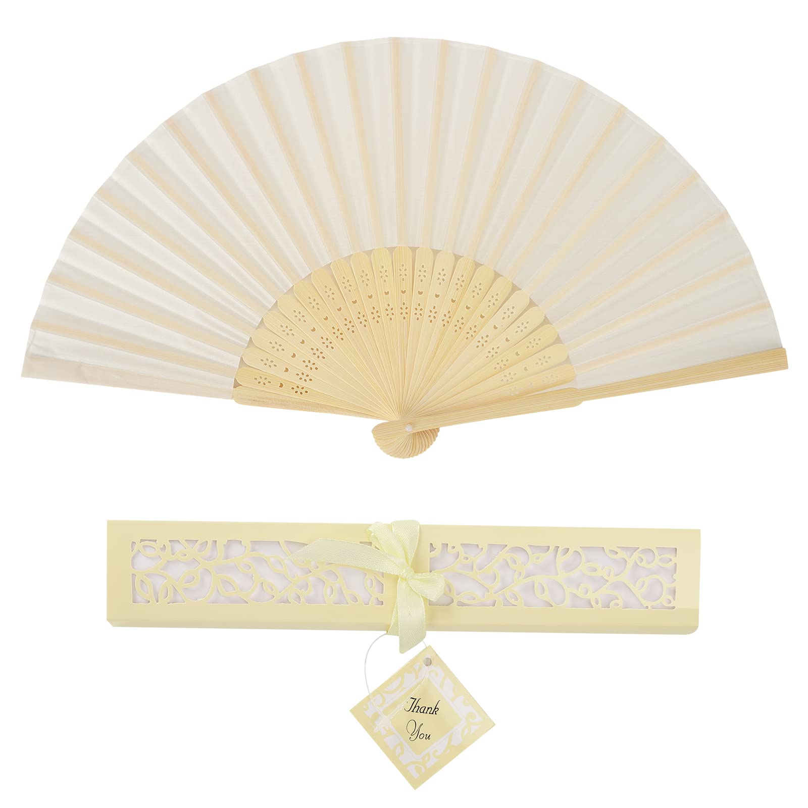 Hileyu Chinese Silk Hand Fans with Gift Box Folding Bamboo Ribs for Wall Decoration (Beige)