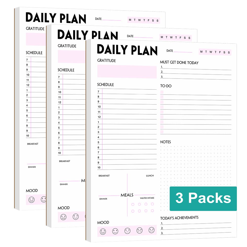 (Pack of 3) A4 Daily Planner Notepad - Tear-Off Daily Planning Pad, Organizer with To Do Lists, Schedule, Appointment, Productivity Tracker, 50