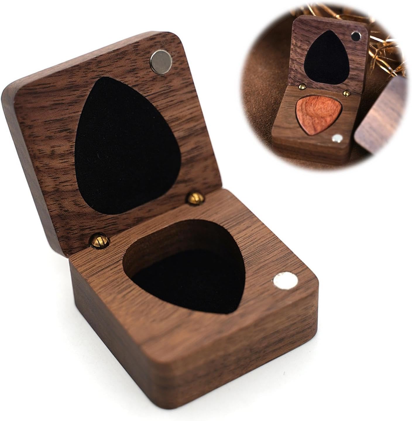 Solid Walnut Wood Guitar Pick Storage Box, Personalised Guitar Pick Holder, Custom Engraved Guitar-Pick Holder Box, Gift for Boyfriend, Husband, Guitarists, Fathers, Musicians, Birthday Square Box