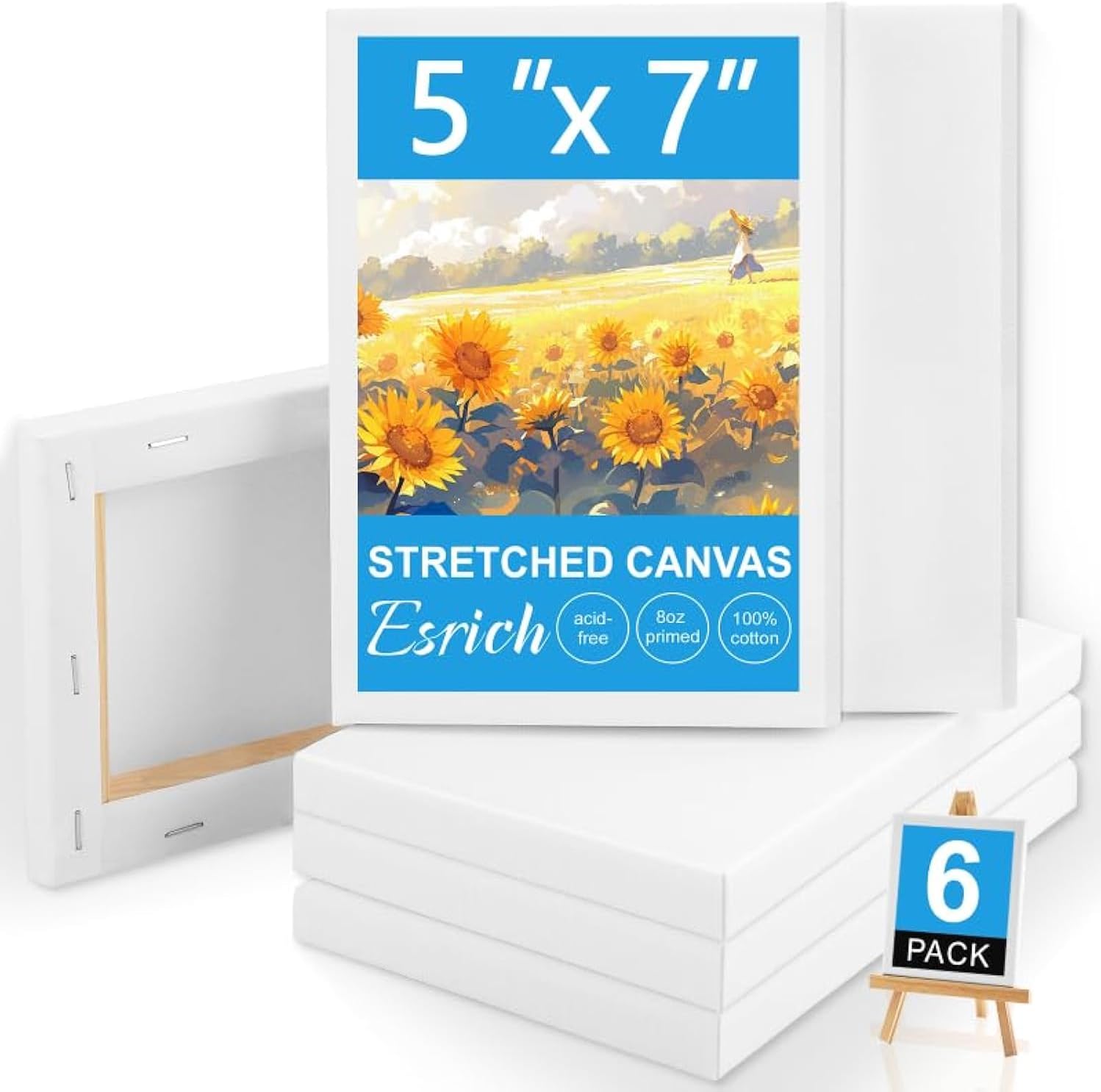 ESRICH Small Canvases for Painting, 6 Pack Canvas 5x7 Inch Stretched Canvas 2/5" Profile Primed Acid Free Painting Canvas for Kids for Oil Paint,Watercolor,Acrylic Paint,Gouache &Tempera.
