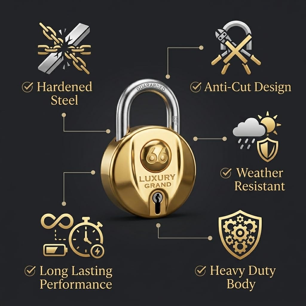 Luxury Grand 66mm 6 Keys Heavy Duty Brass Finish Padlock | 9 Lever High Security | Hard Steel Shackle | Lock and Key for Home Door Shop Shutter Main Gate Warehouses & Commercial Security — Amazon image 5
