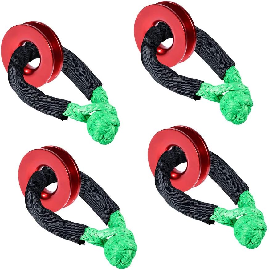 4 Sets Green 1/2" Soft Shackle UHMWPE Synthetic Winch Rope + RED Snatch Recovery Ring for ATV UTV 4X4 Towing Truck Sailing SUV Climbing Boating