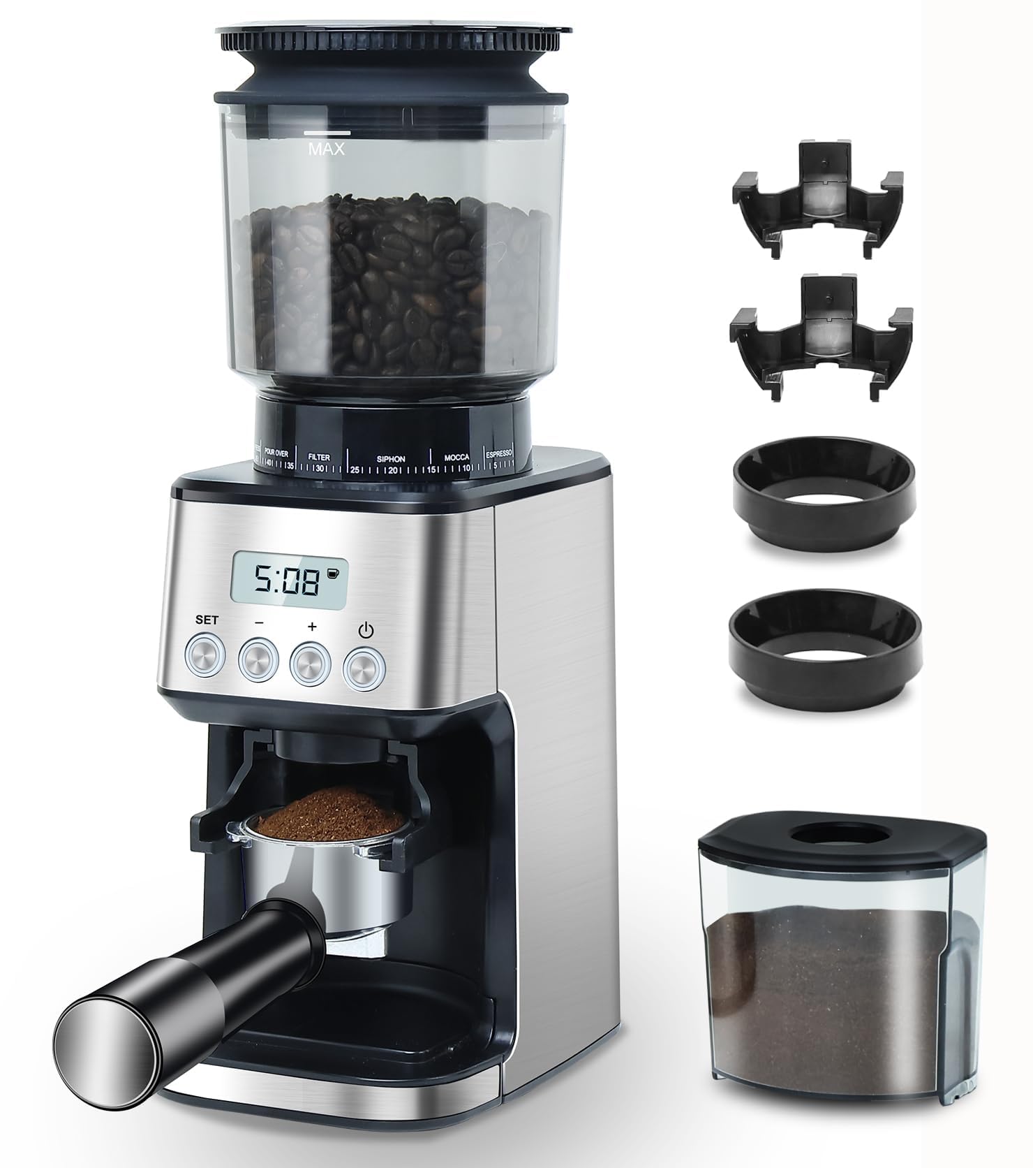 Homtone Moulin à Café Électrique, 51 Niveaux de Mouture Réglables, Broyeur à Meule Conique en Acier Inoxydable, Antistatique, pour Espresso, Café Filtré, French Press, 160 W (Argent)