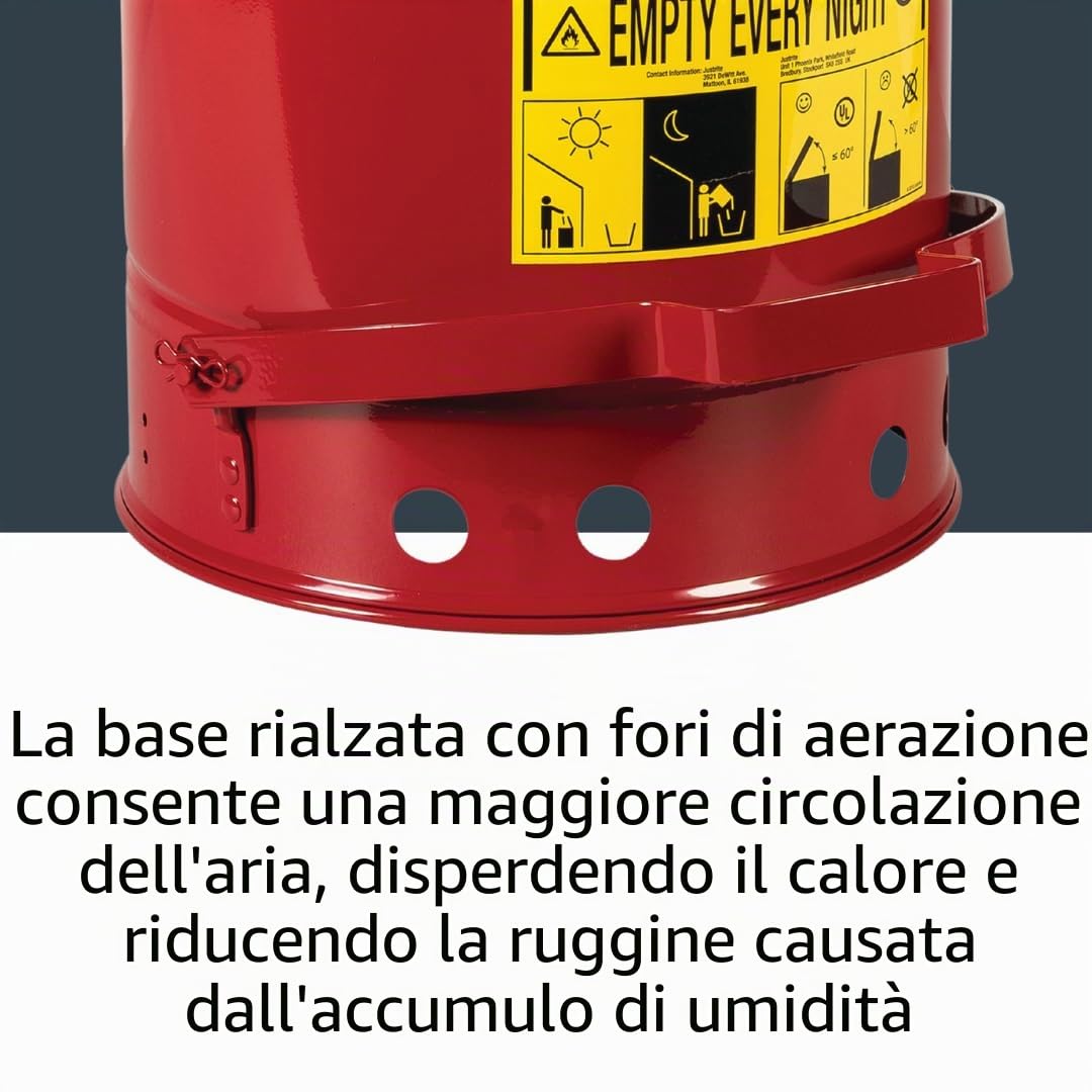 Justrite Tanica di sicurezza per rifiuti oleosi in acciaio zincato 09100, con leva a pedale, capacità 20 l, diametro esterno 28 cm x 30,3 cm, colore rosso