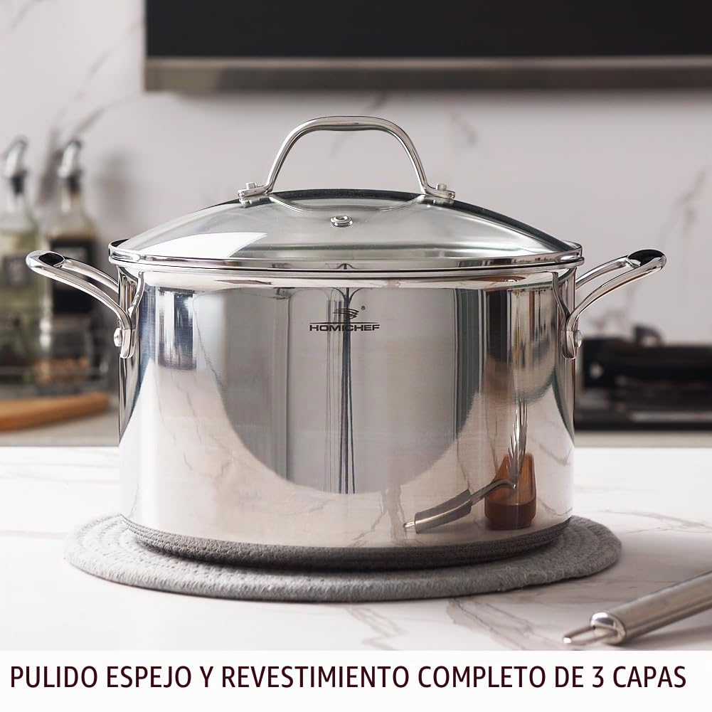 HOMICHEF Olla de acero inoxidable pulido sin níquel de 6,6 L con tapa de cristal (Sin revestimiento no tóxico, 3 capas) - 24 CM Ollas de acero inoxidable para cocinar