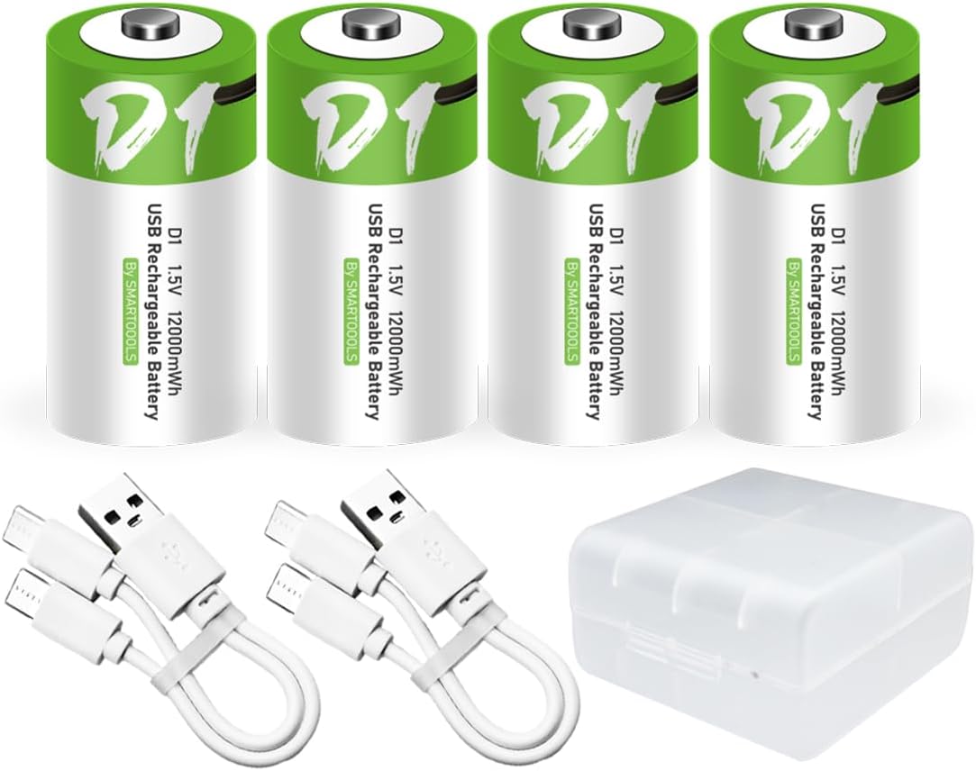 4pcs D Battery D Batteries, USB/Type-C D Rechargeable Battery, High Capacity 1.5V 8000mAh 12000mWh 3 Hours Fast Charge, Cycle Times up to 1200x with Type-C Port Charging Cable