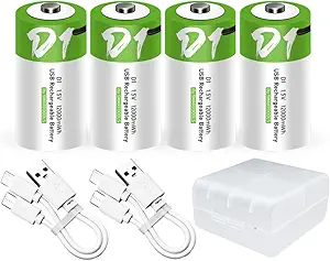 4pcs D Battery D Batteries, USB/Type-C D Rechargeable Battery, High Capacity 1.5V 8000mAh 12000mWh 3 Hours Fast Charge, Cycle Times up to 1200x with Type-C Port Charging Cable