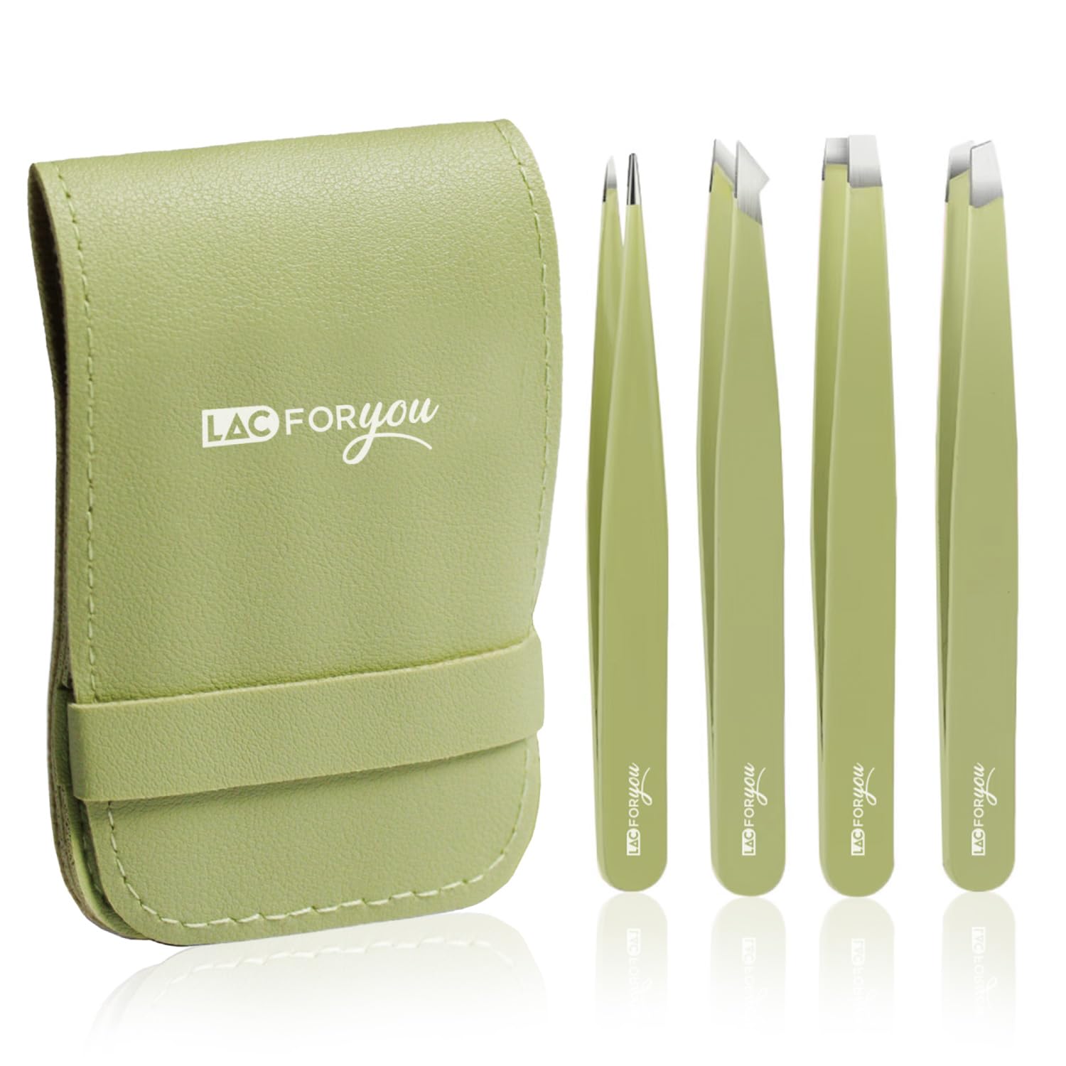 LAC FOR YOU Pinzette Augenbrauen Zupfen - Pinzetten Set 4-teilig mit Etui – Präzisionspinzette aus Edelstahl – Spitz & Schräg – Zupfpinzette Damen & Herren – Grün