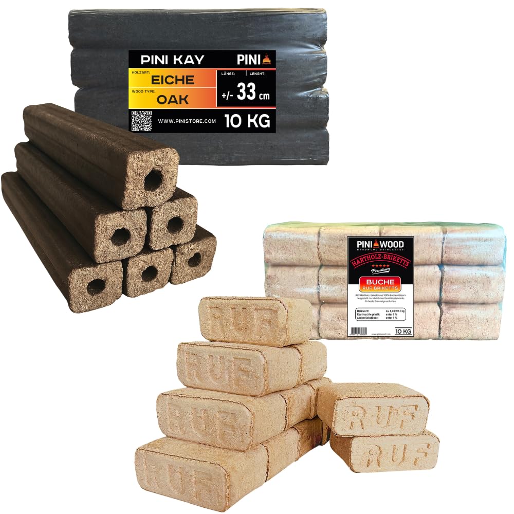 PINI Brykiety drewniane, 100% buk z twardego drewna, RUF, kominek, piec, grill, palenisko, drewno opałowe, 10 kg + brykiet dębowy PINI Kay, 33 cm długości, czworokątny, z otworem do ciągnięcia 10 kg