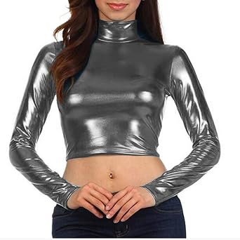 Fetish Queen Long Sleeve Metallic Crop Top Sexy Faux Leather Ladies Mini T-Shirt