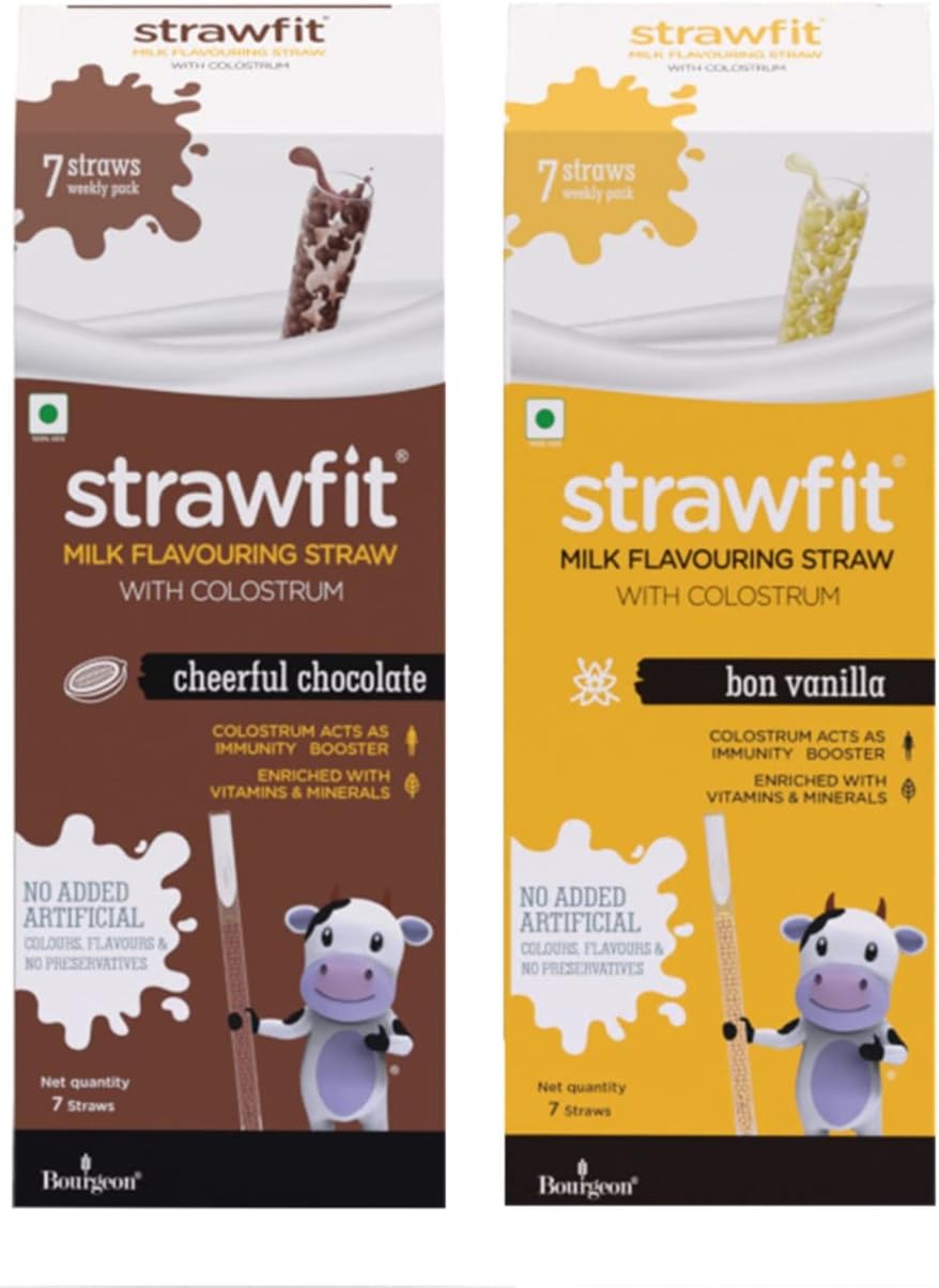 Strawfit Cheerful Chocolate and Bon Vanilla Flavoring Straws with Colostrum for Immunity, New Way of Drinking Milk, Healthy Choice, India's 1st Milk Flavored Straw - (Combo Pack of 2-14 straws)