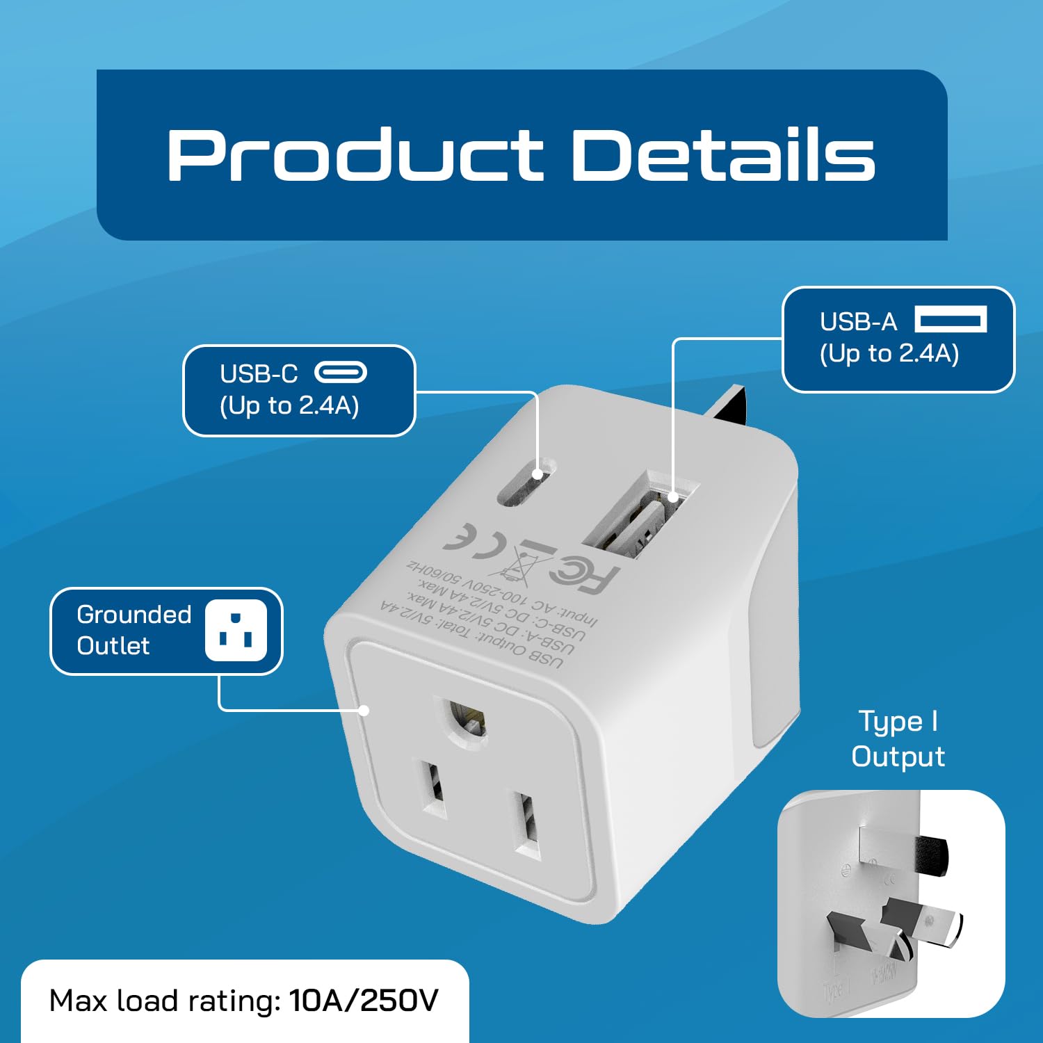 Ceptics USA au Japon, Philippines Adaptateur de Voyage Prise avec Double USB – Type A – Ultra Compact