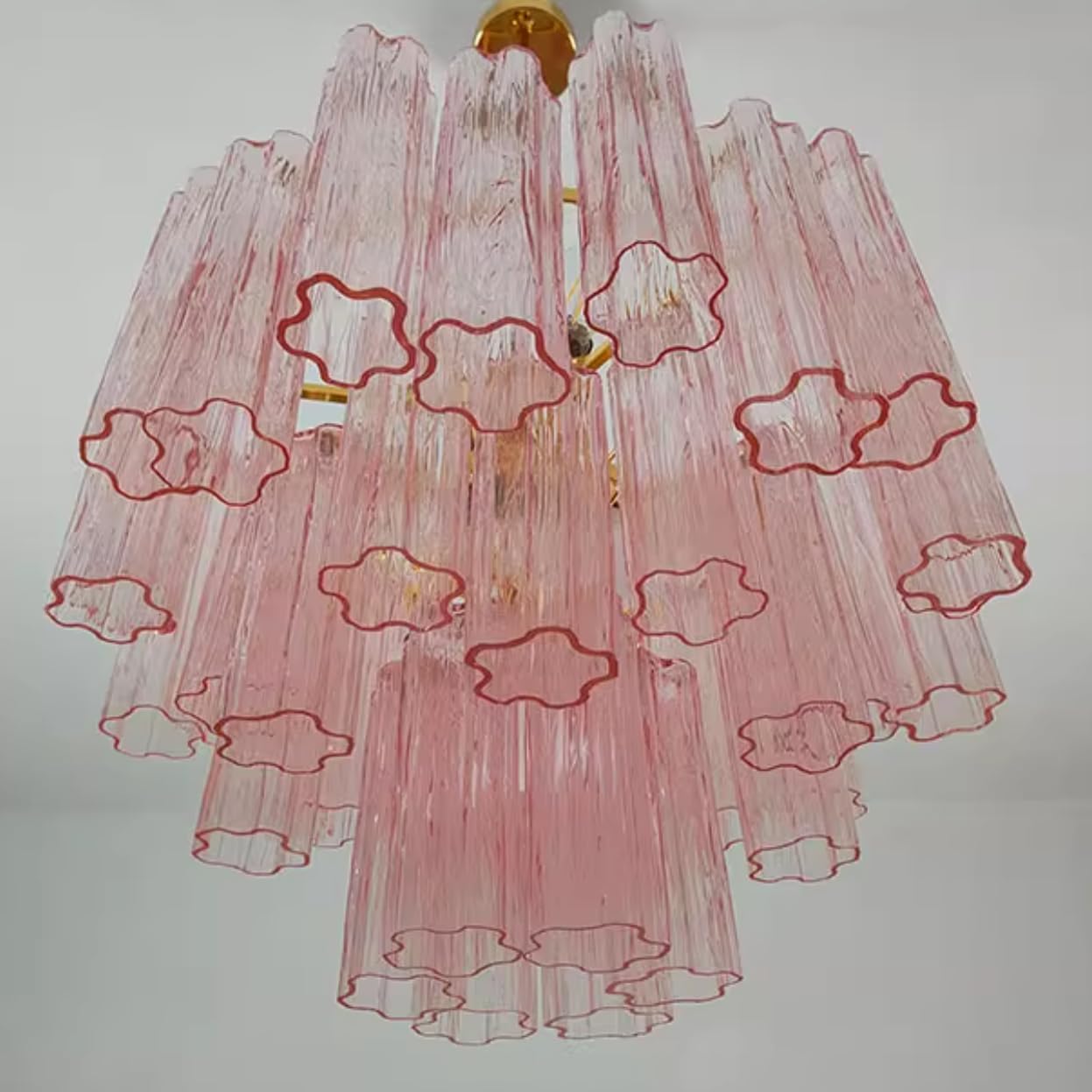 Modern Pink Glass Chandelier Water Ripple Light Fixture Glass Tube Tiered Pendant Light Hand Blown Art Glass Round Chandelier for Bedroom, Foyer, Dining Room - Medium 19.6"