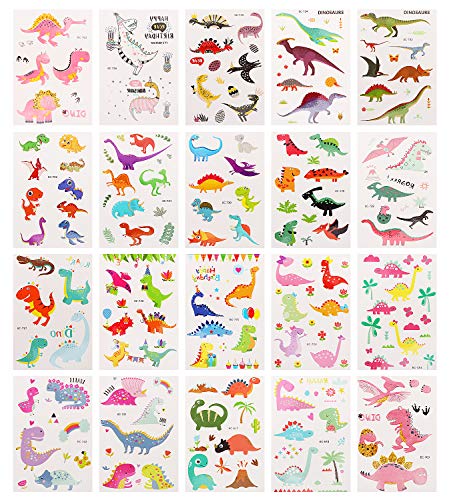 Zooawa Autocollants Tatouages Temporaires de Dinosaure [20 PCS], Étanche Tattoo Éphémère pour Corps Bras Jambe, Sticker Autoadhésif Imperméable et Amovible pour Enfant Garçon Fille Fête  Coloré