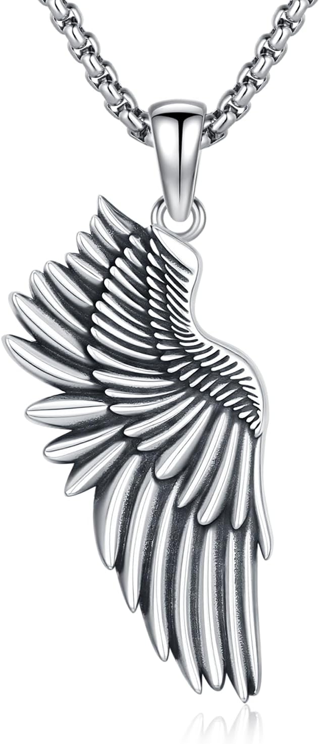 Angel Wing Necklace 925 Sterling Silver Angel Single Wing Pendant for Men Protection Jewelry Gifts with 22"+2" Rolo Chain