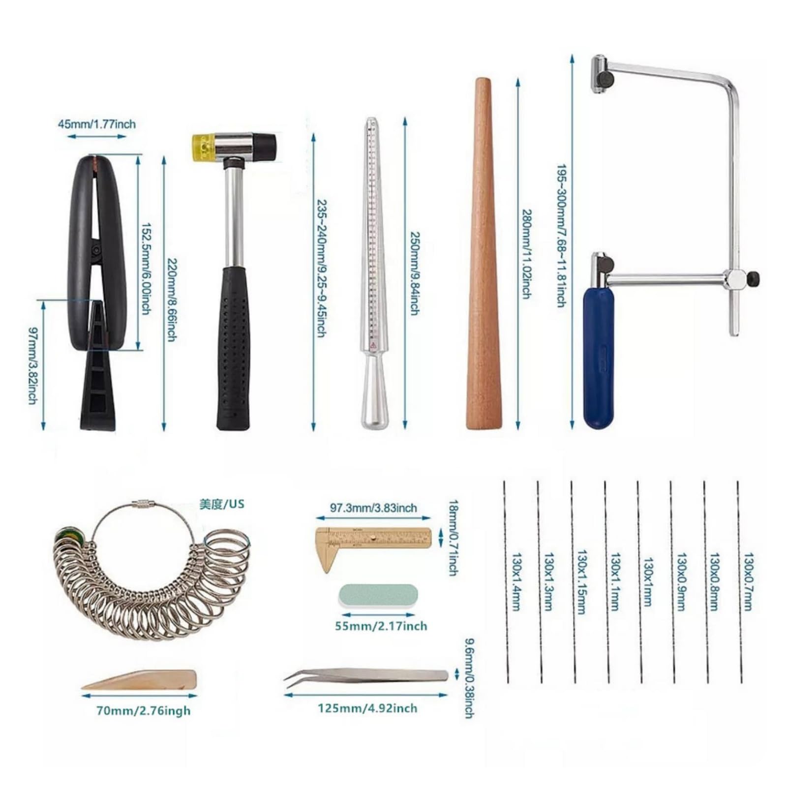18 Piezas Kit Reparación Anillos con Mandril Preciso Medidor Anillos Reutilizable Joyería para Joyeros, Juego De 18 Piezas Mido Con 90 Varillas Para Pulir Plata Y Hojas De Sierra Nacionales