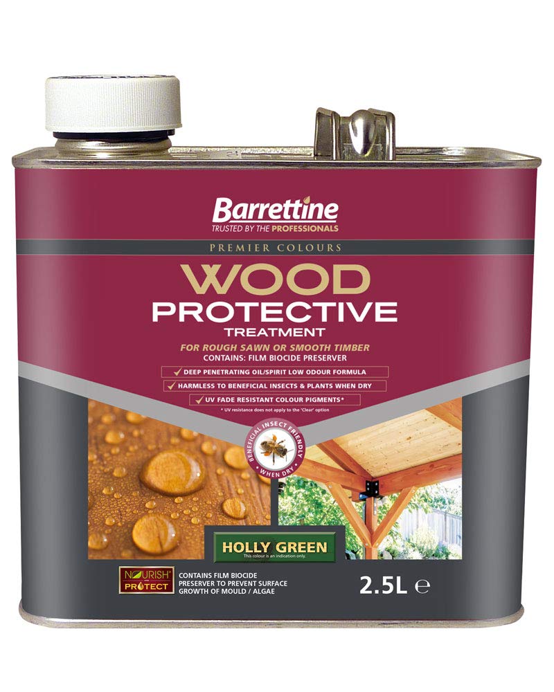 Barrettine Wood Protective Treatment (Holly Green 2.5L) - Ideal Treatment for Outdoor Treated Timber Structures. Wood Protector Oil with Water Repellent Qualities. UV & Fade Resistant.
