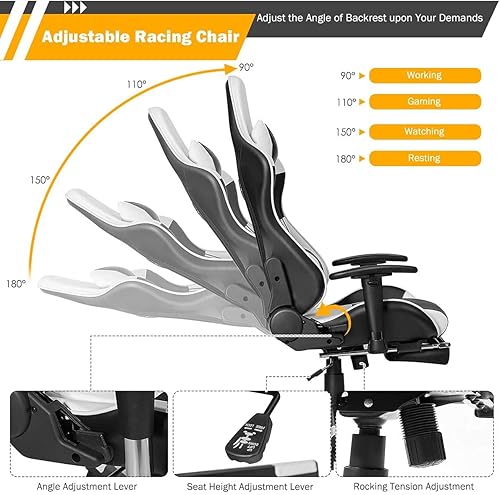 Miniatura 5 de CHEFJOY Silla de masaje para juegos, silla reclinable de respaldo alto con reposacabezas, soporte lumbar, reposapiés, silla de policarbonato de