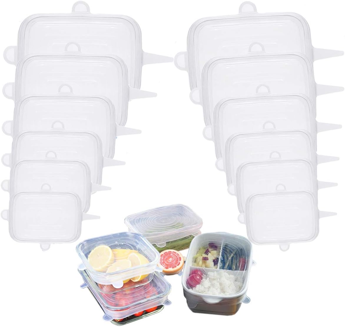 Silicone Stretch Lids Rectangle 12-Pack, Reusable Food Container Lids, BPA-Free, Eco-Friendly Bowl Covers, Microwave, Oven & Dishwasher Safe