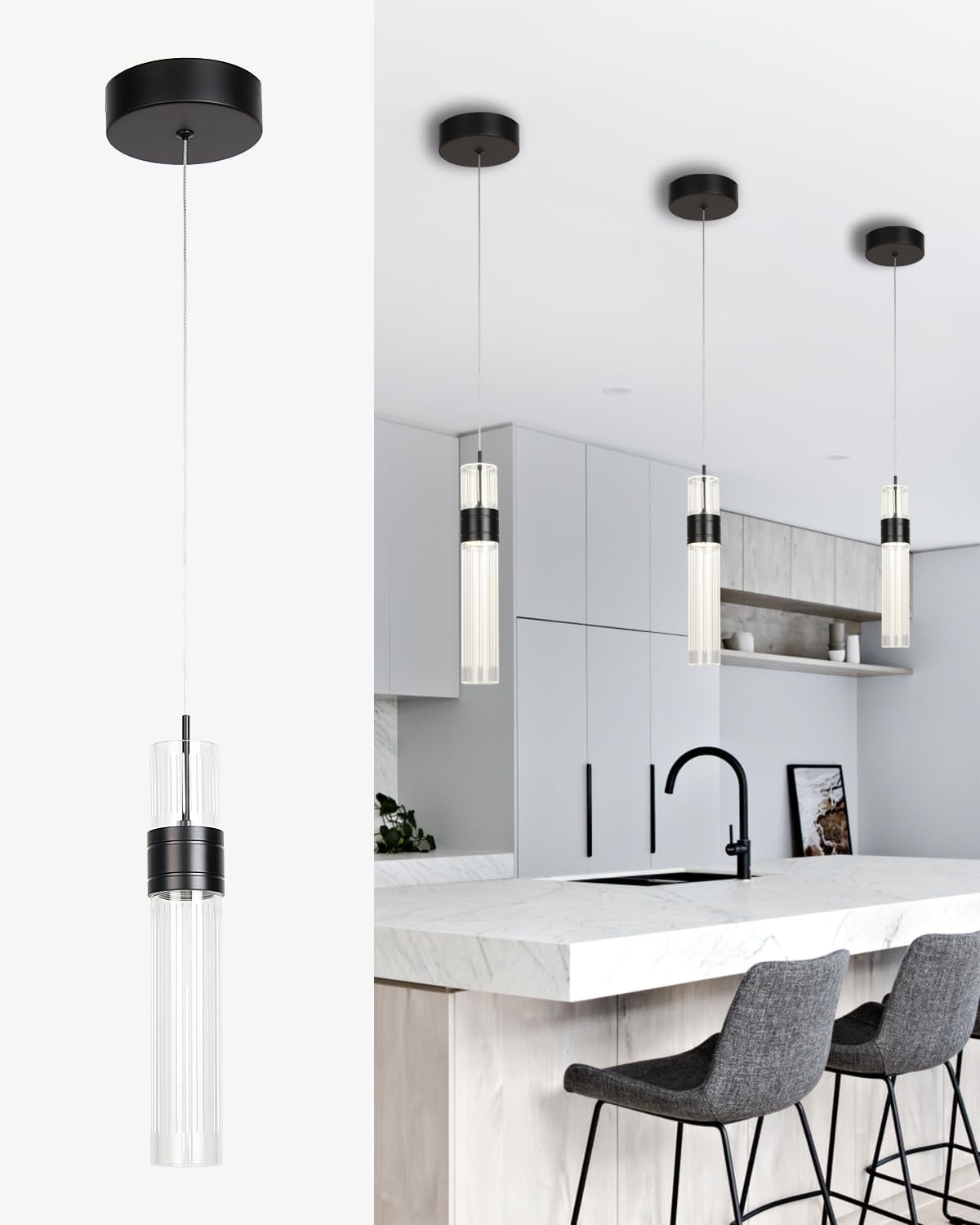 Pendant Lights for Kitchen Island Farmhouse Black Pendant Lighting Fixtures Integrated LED Adjustable Cord Hanging Lighting Fixtures for Bar,Dining Room,Bedroom, Hallway（1 Pack）