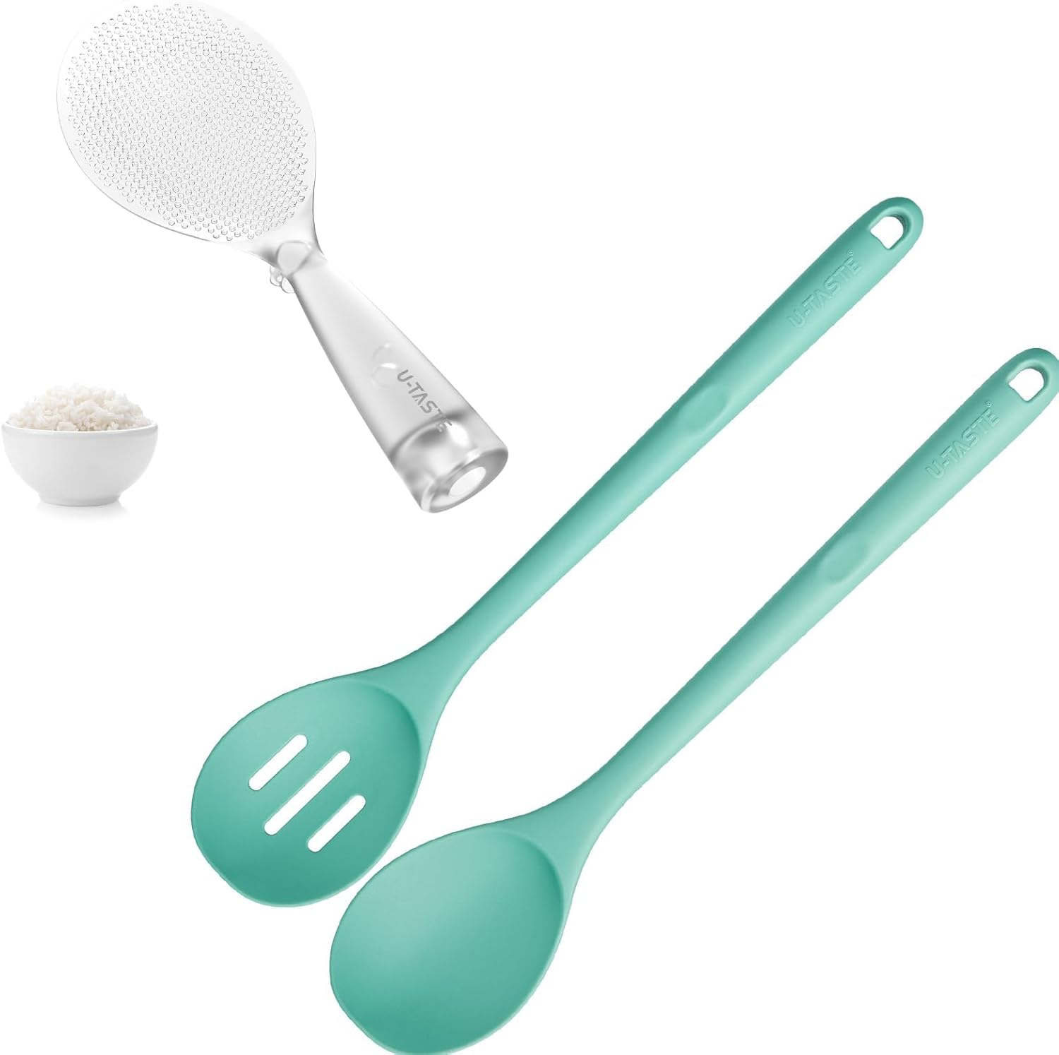 U-Taste 600ºF Heat Resistant 13.3in Solid & Slotted Silicone Spoons (Aqua Sky) and 329°F Heat Resistant Rice Spoon Paddle Scooper (Transparent)
