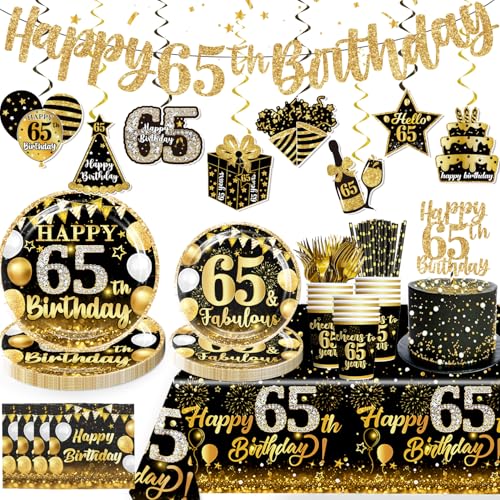 170pcs 65th Birthday Decorations for Men and Women, 300gsm Thick Plates 2 Tablecloths Happy 65th Birthday Cake Topper and Banner Suitable for Parties and Gatherings, Serving 25 People
