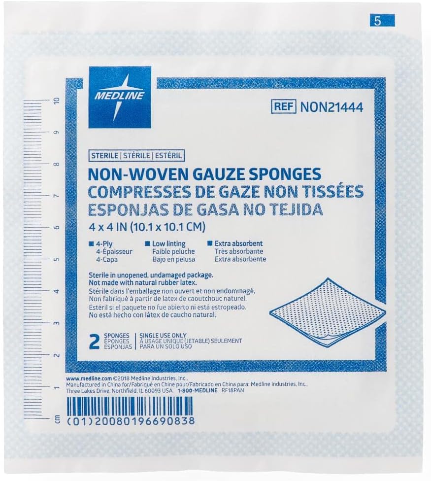 Medline Avant Non-Woven Gauze Sponge, Sterile, 4-Ply, 4" Length, 4" Width, Pack of 1280