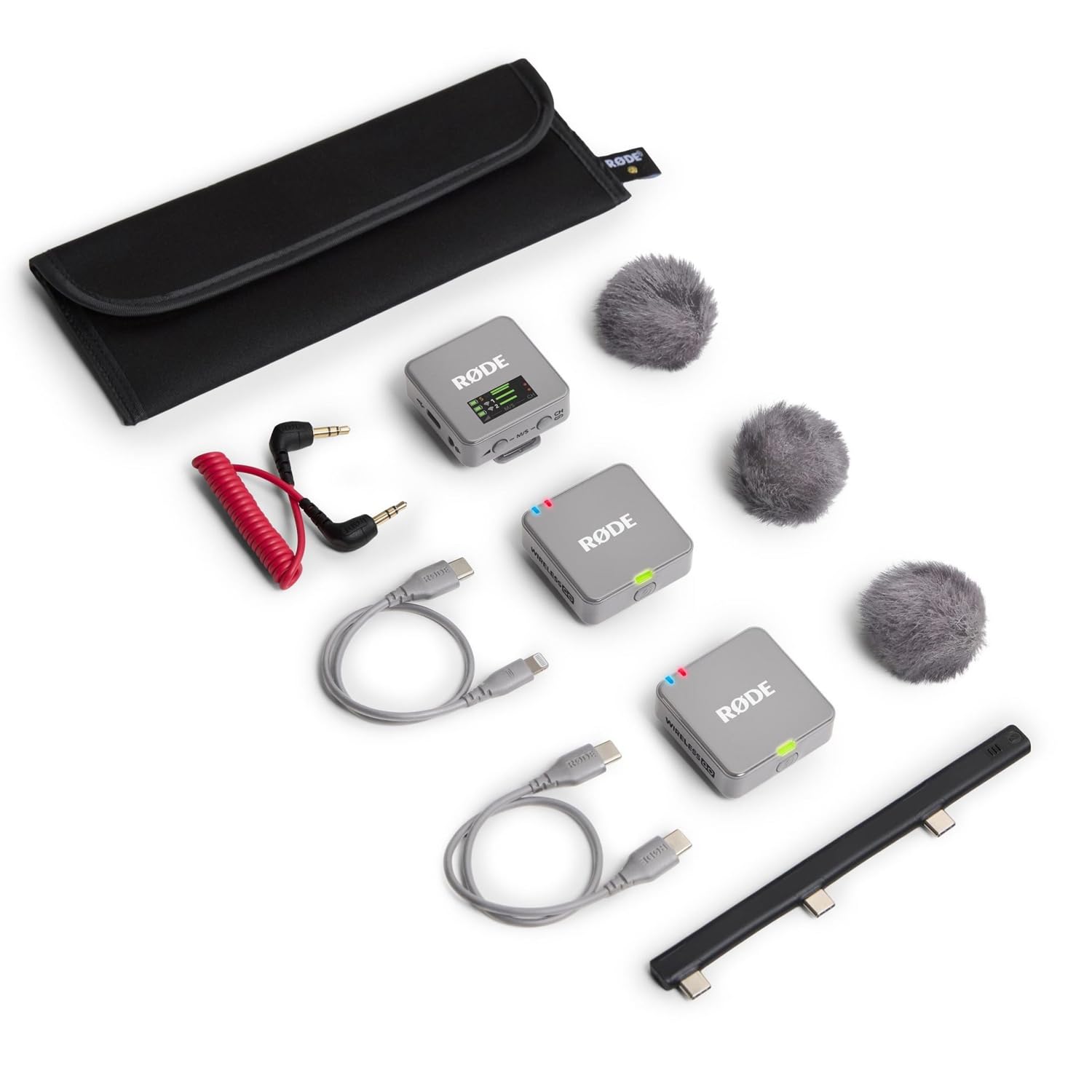Rode Wireless GO Gen 3 bezprzewodowy 2-kanałowy system radiowy z mikrofonem Stone szary z adapterem ręcznym Interview GO i keepdrum, futrzana ochrona przed wiatrem BK