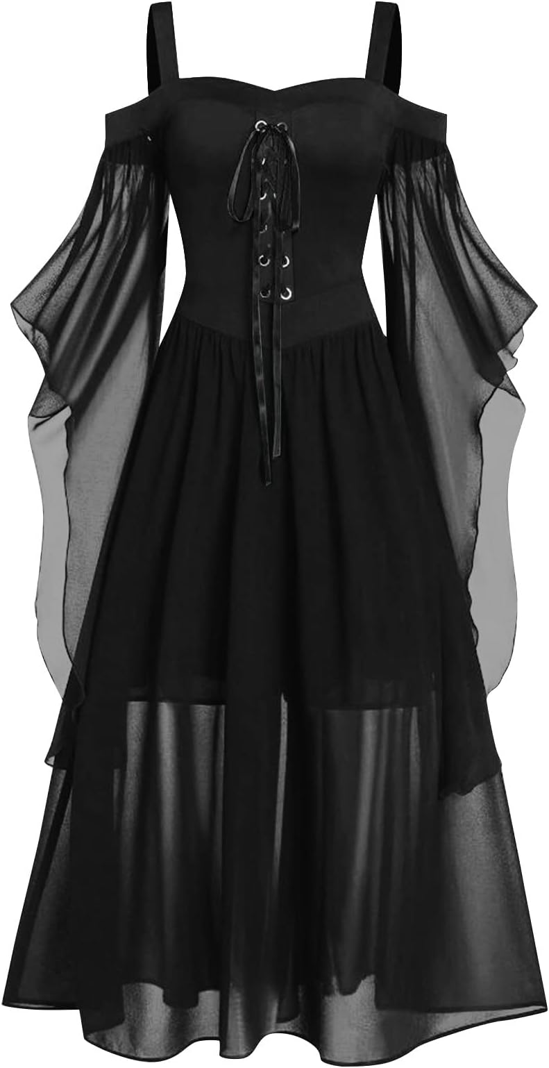 Renaissance Gothic Dress for Women Halloween Costume Off Shoulder Lace Trumpet Sleeve Dress Medieval Steampunk Dress