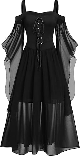 Vestido gótico renacentista para mujer, disfraz de Halloween, hombros descubiertos, encaje, manga trompeta, vestido medieval steampunk
