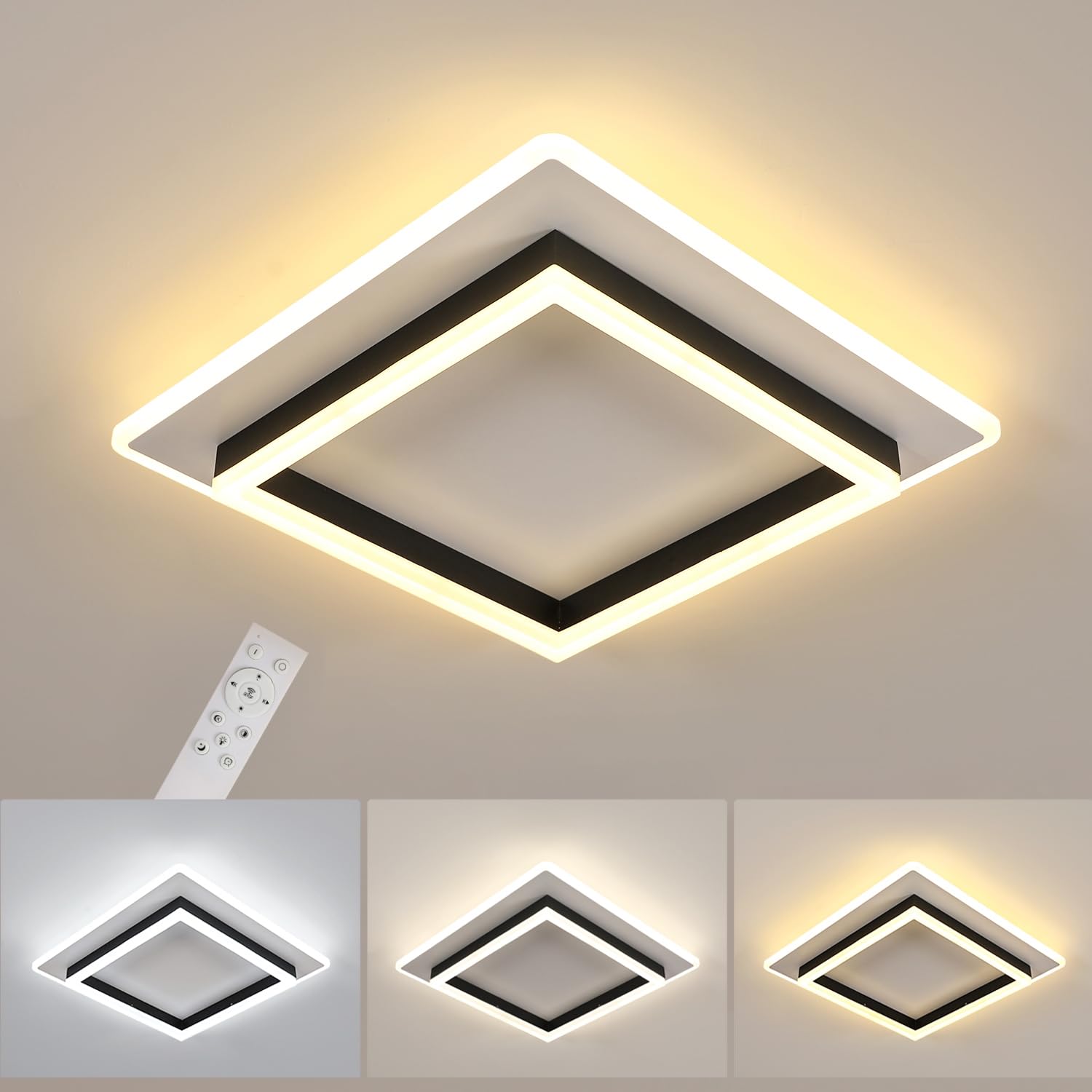 Goeco Plafoniera LED Soffitto Dimmerabile 41W 40CM, Bianco+Nero | Lampada da Soffitto Quadrata Con Telecomando 3000K-6500K Plafoniera Moderno in Acrilico per Camera da Letto Soggiorno Cucina