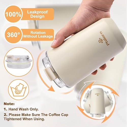 Miniatura 3 de PHILORN Taza de café de viaje, taza de café de 12 onzas con aislamiento con tapa, taza de café de acero inoxidable blanco con doble pared, taza