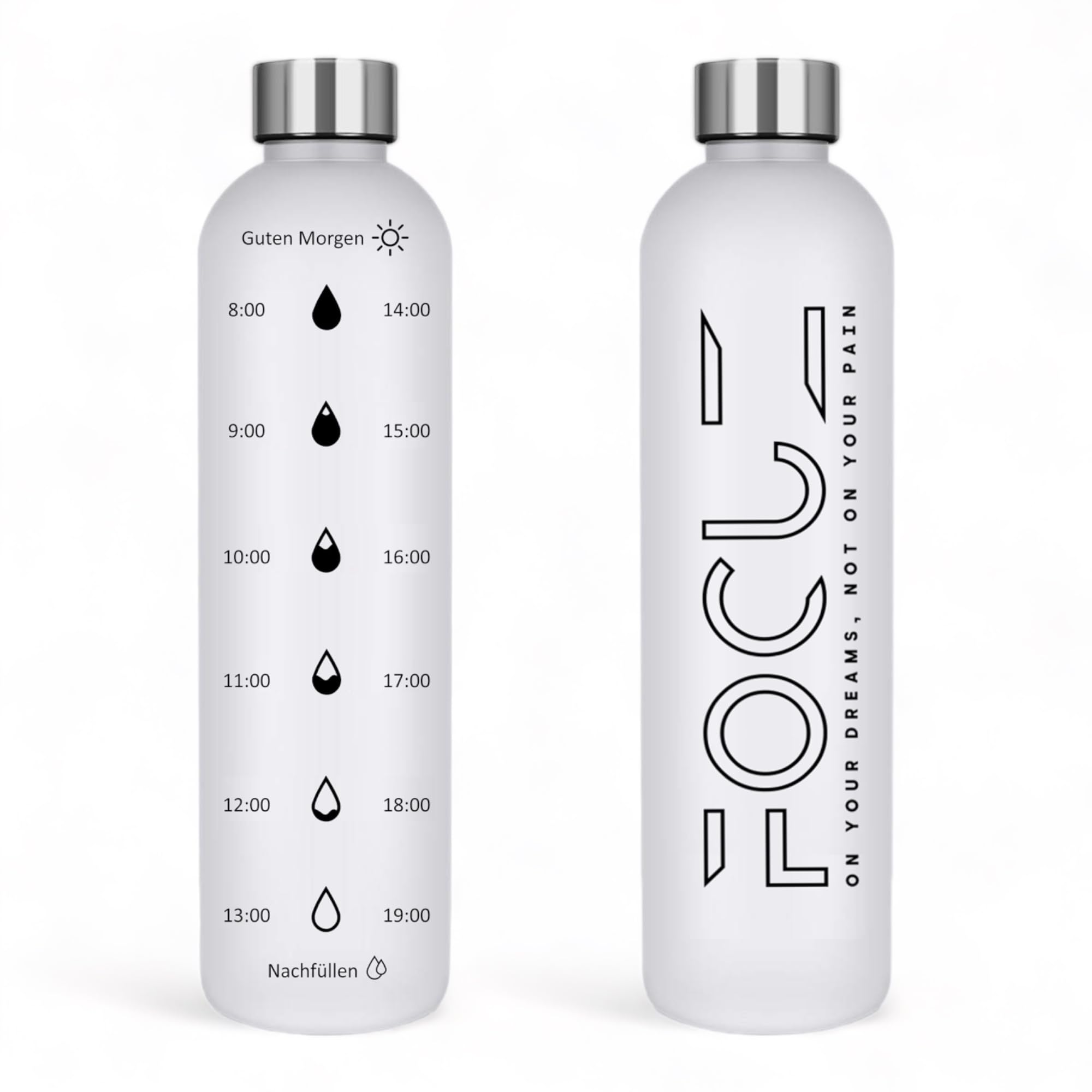 FOCUZ Motivational Bottle 1 L mit motivierender Zeitmarkierung, Trinkflasche 1l, 1 Liter - auslaufsicher, BPA frei, spülmaschinenfest, Kohlensäure geeignete Wasserflasche für Sport, Freizeit, Büro