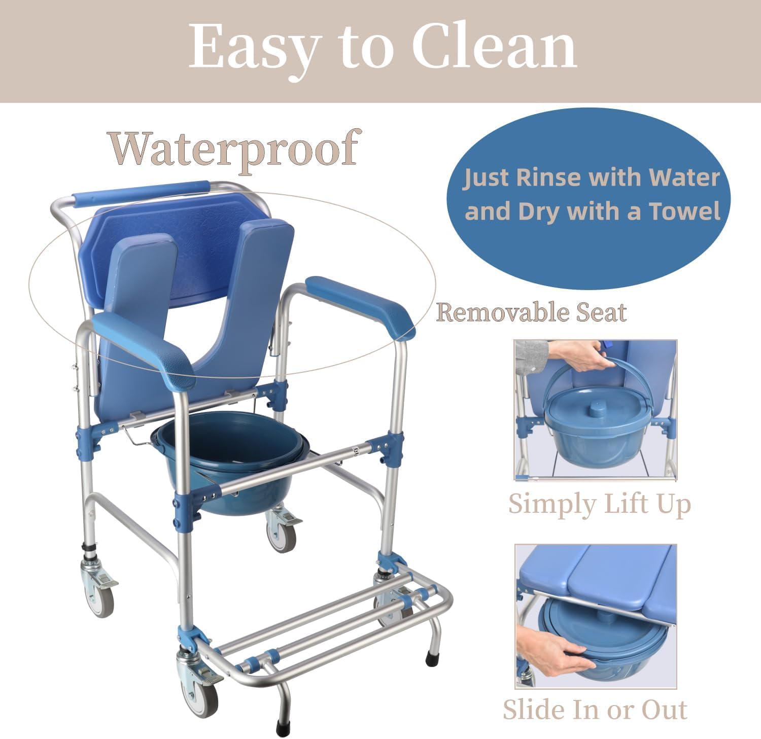 Duschstuhl mit Rollen,Toilettenstuhl für Senioren,Rollstuhl mit Duschsitz Wasserdichtes Stuhl Kommode Tragfähigkeit 150kg für Patienten Senioren Behinderte Schwangere