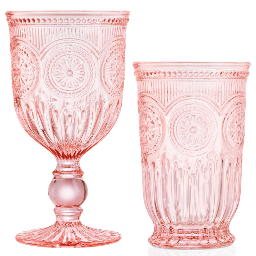 Amazon.com | Yungala Pink Glassware Bundle - Vintage Glassware Collection  for Party - Wine Glasses Set of Pink Goblets and 6 Pink Tall Tumblers -  Matching Pink Drinking Glasses with Sunflower Emboss Design: Wine Glasses
