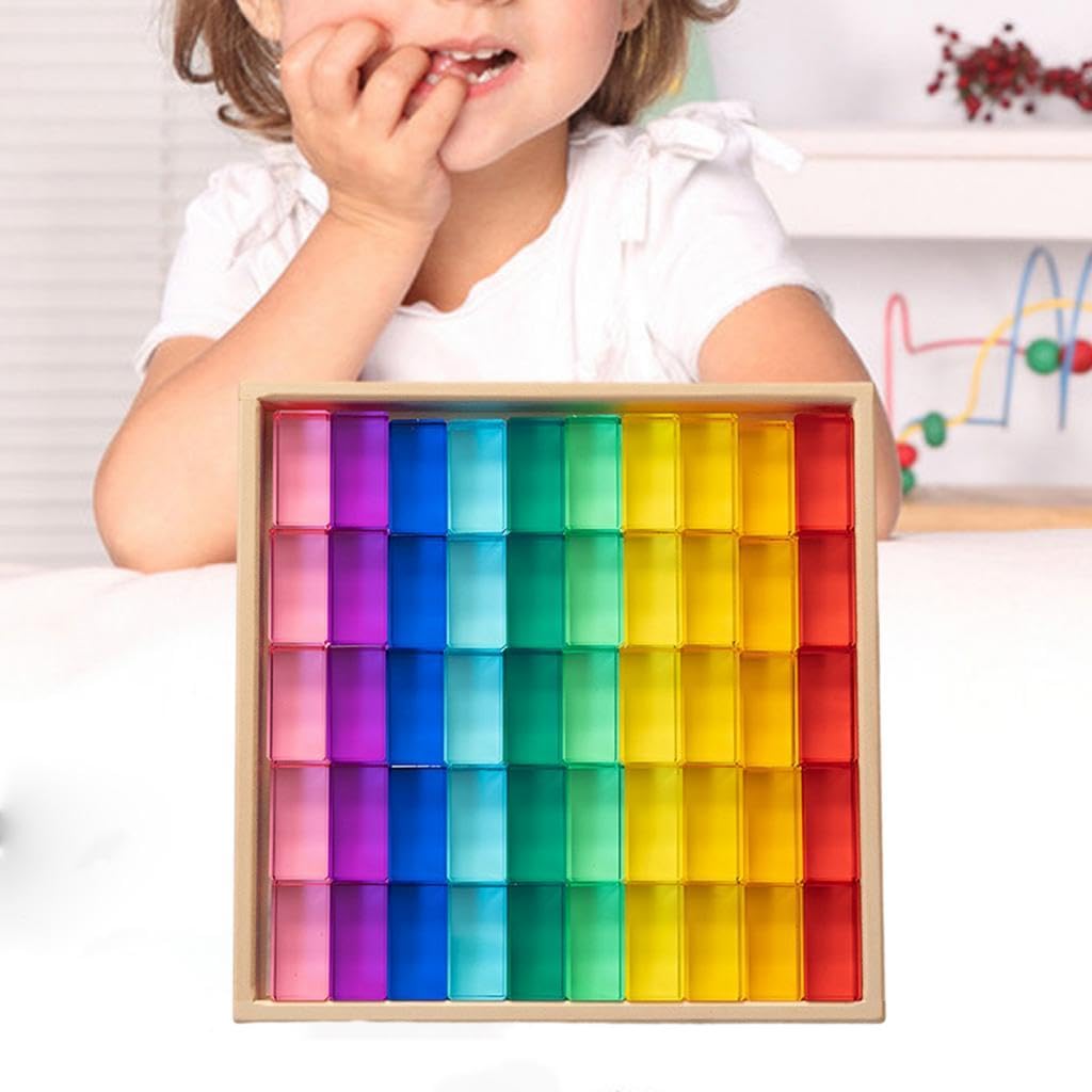Set di 30 Blocchi da Costruzione Arcobaleno, Gioco di Impilamento, Gioco di Dadi, Cubi in Acrilico Effetto Pietra Preziosa con Base in Legno per Bambi, 50 Pezzi
